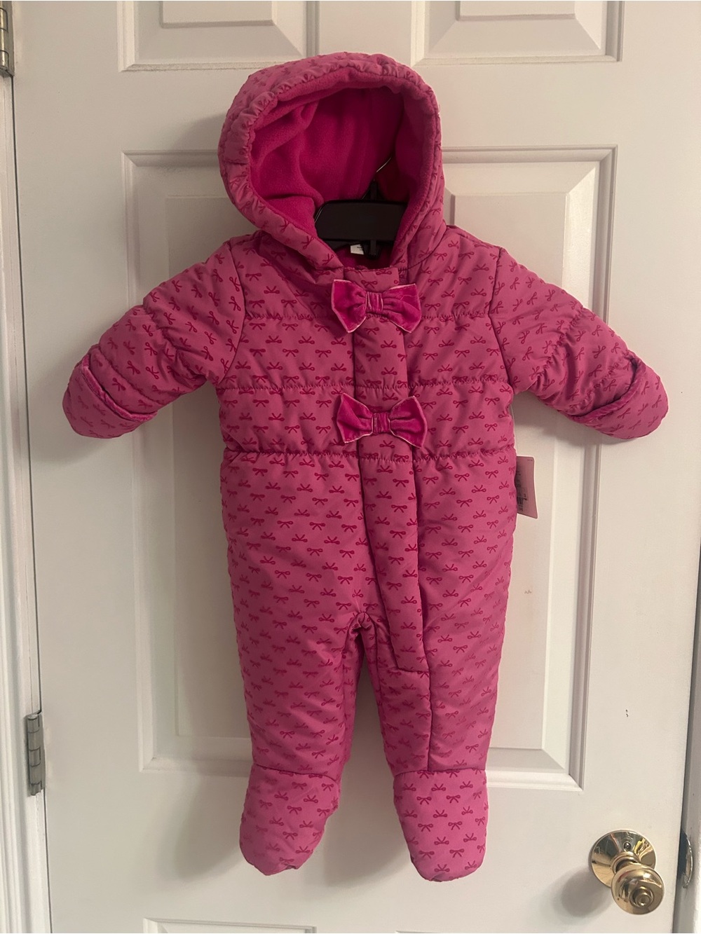 NWT-Girls Starting Out Pink Hooded Quilted One-Piece Snowsuit with Bow Accents